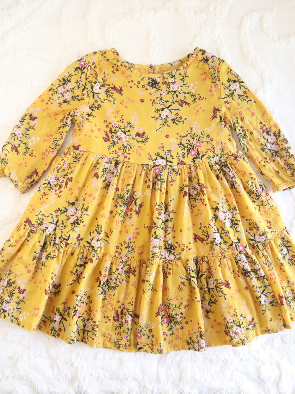 Old Navy | Flowy Tiered Mustard Yellow Fall Floral Woodland Long Sleeve Dress